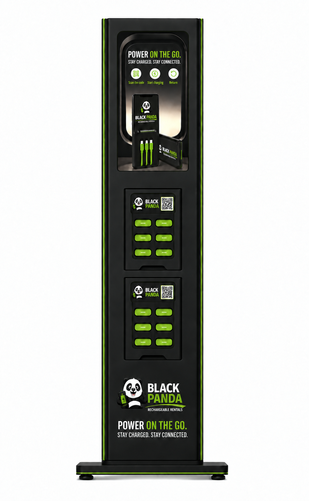 Black Panda 12-slot charging station front view with display screen