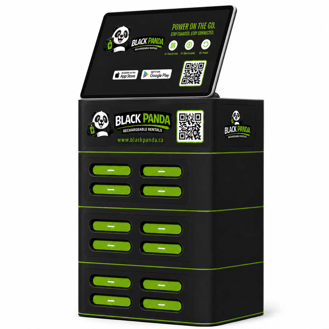 Black Panda 12-slot charging station with angled display tablet on top