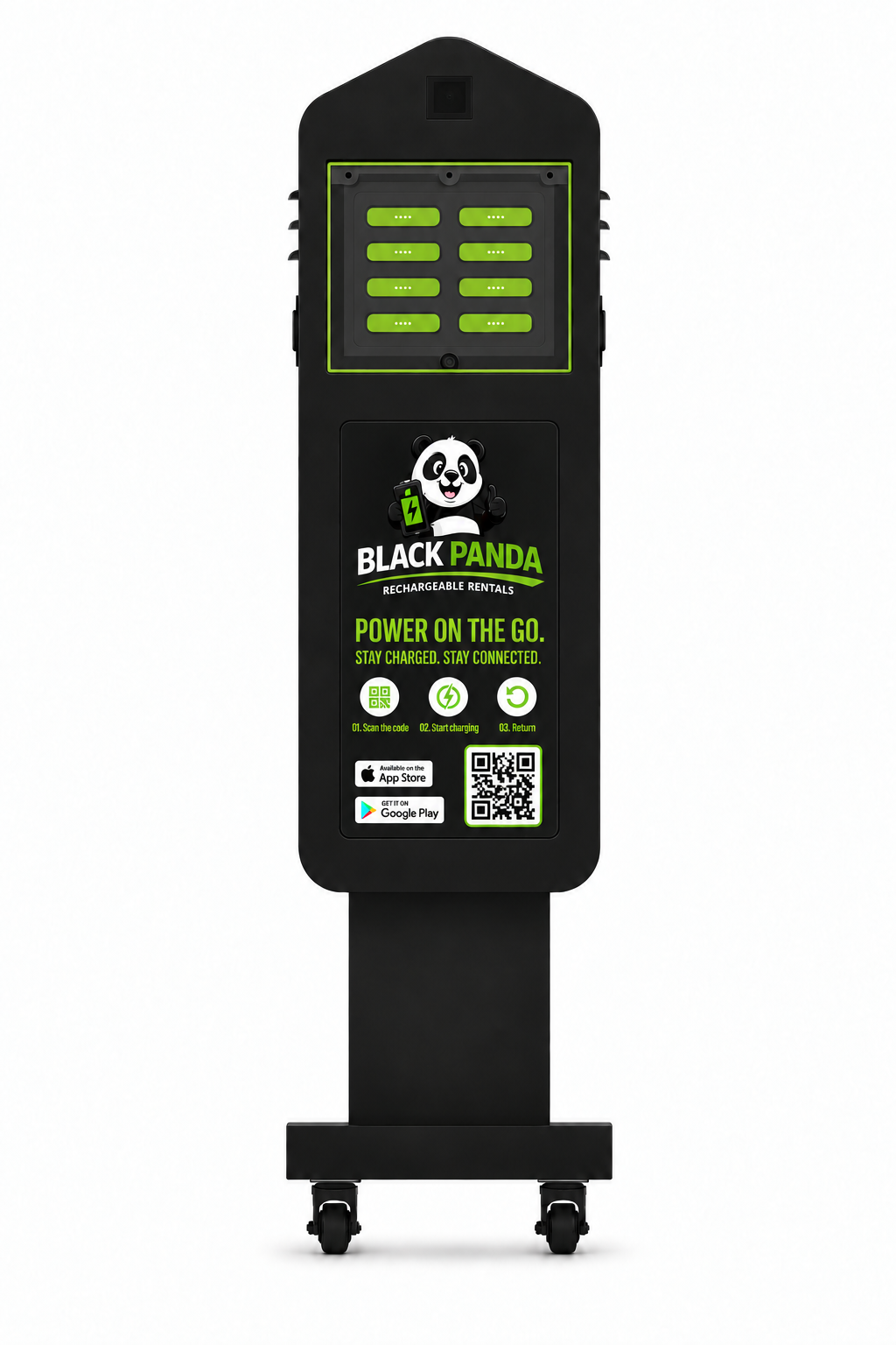 Black Panda 8-slot outdoor charging station with angled display screen