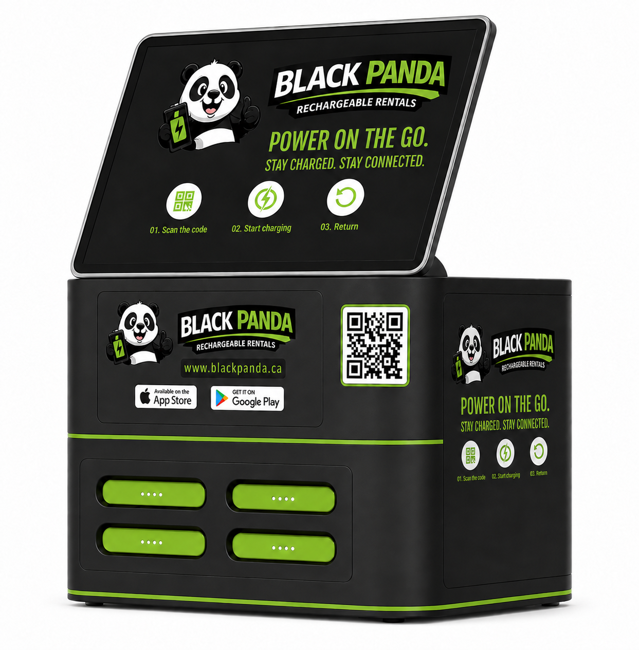 Black Panda 4-slot charging station with angled display tablet