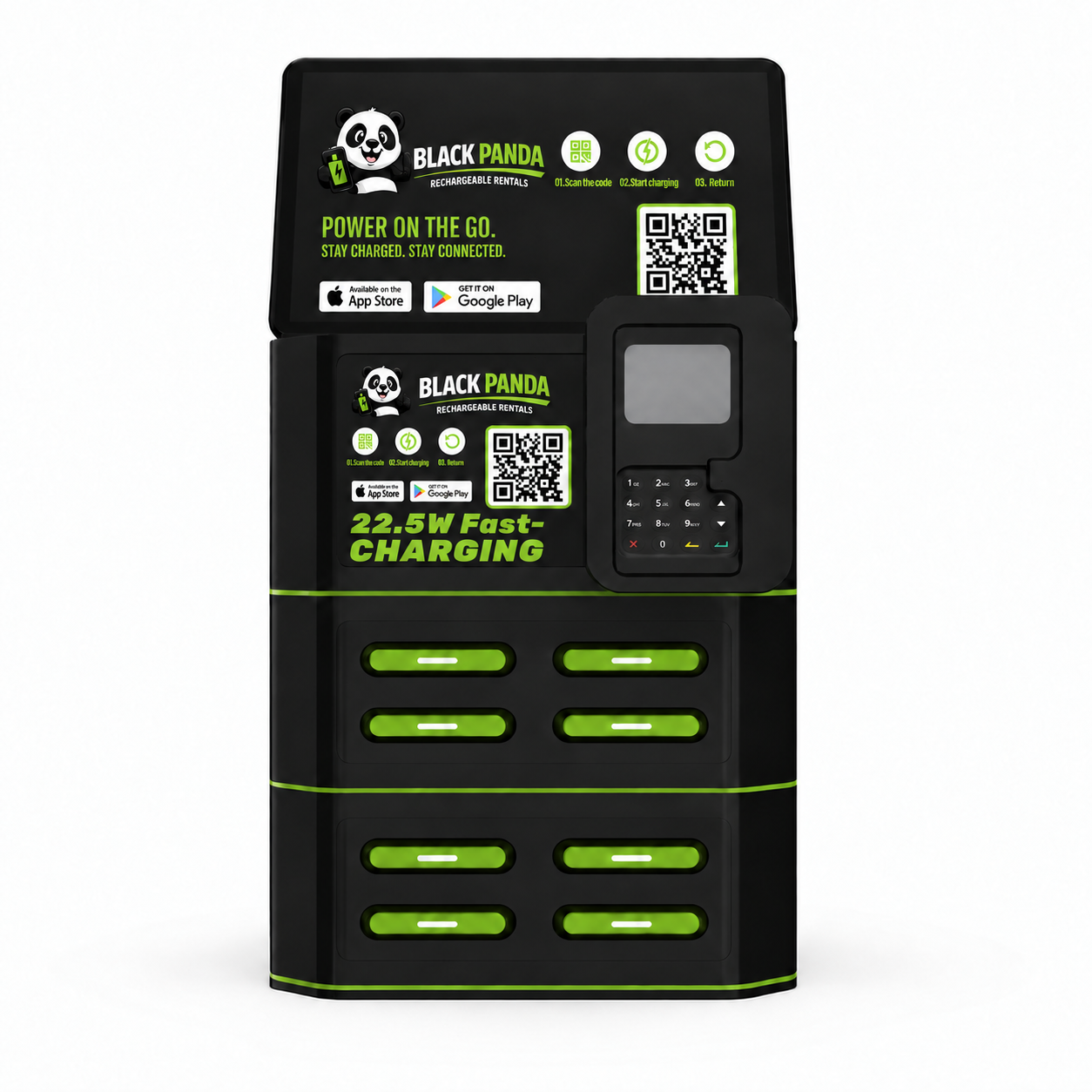 Black Panda 8-slot charging station with POS keypad and card reader
