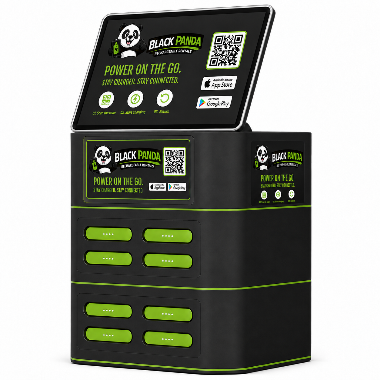 Black Panda 8-slot charging station with angled display tablet