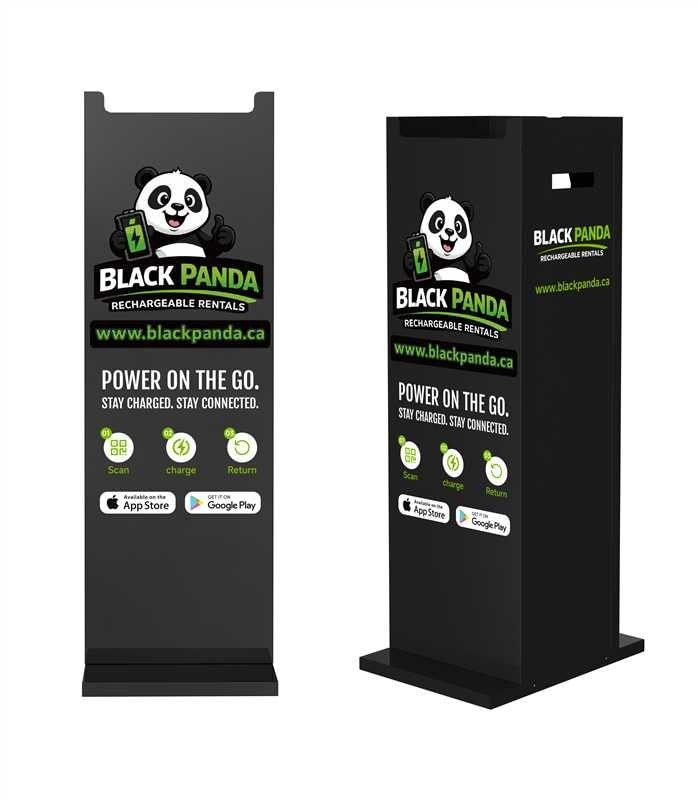 Black Panda freestanding tower kiosk with branded instructions — front and side view