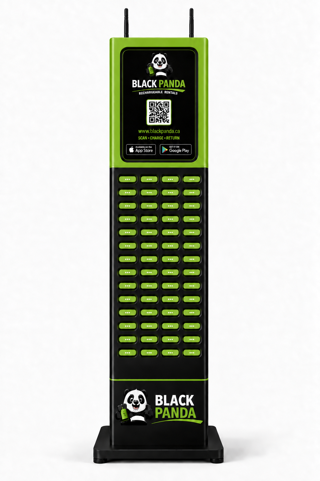 Black Panda 48-slot charging station with rental screen and QR code