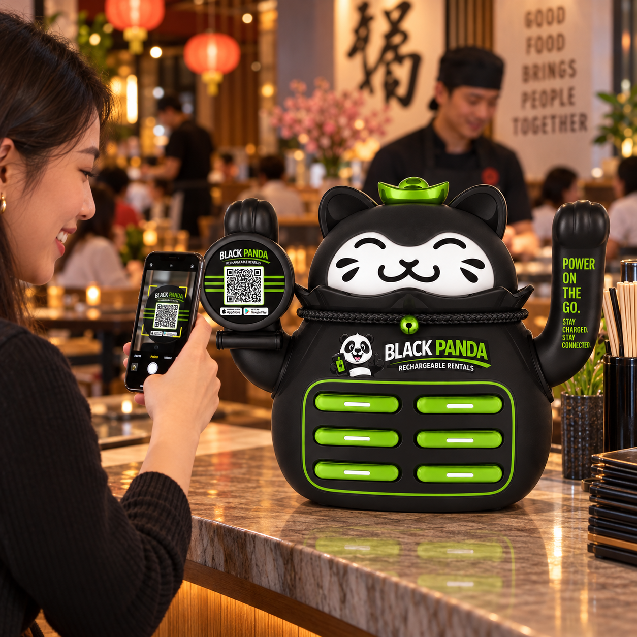 Black Panda countertop charging station at café