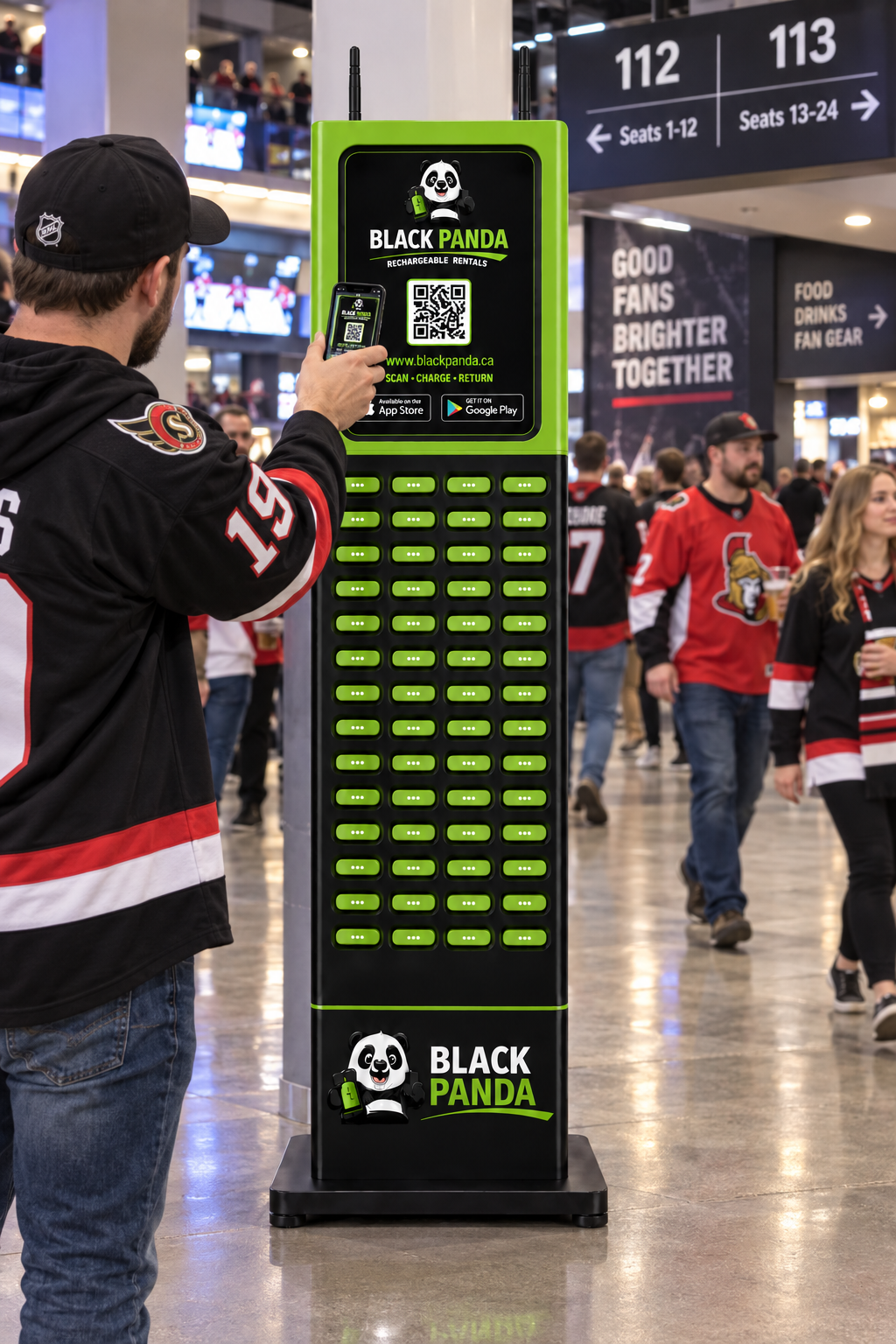 Black Panda 48-slot ambient light kiosk on rooftop bar